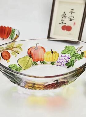 8DWL南瓜果斗彩绘玻璃水果盘耐热家用无铅水晶玻璃果盘加厚果斗客