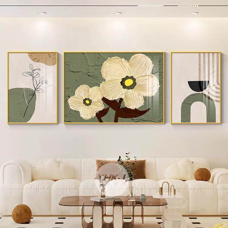 奶油风客厅沙发背景墙装饰画高级感挂画风原木现代简约抽象三联画