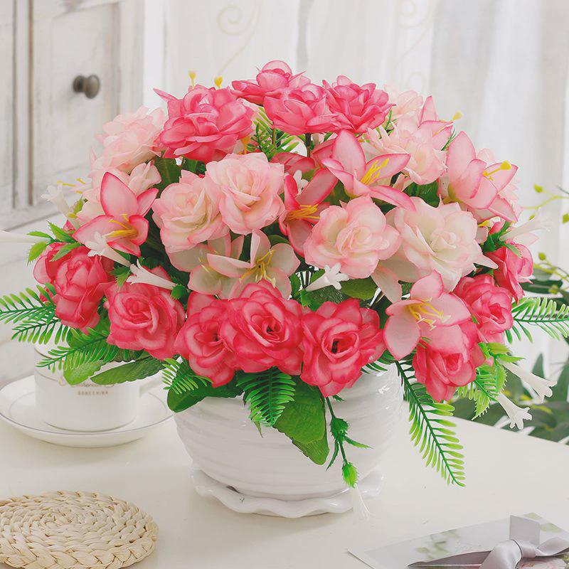客厅摆件花假花装饰花束餐桌花摆花玫瑰塑料花艺绢花插花盆栽