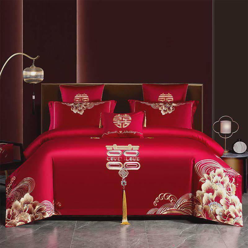 高端新婚庆刺绣长绒棉全棉被龙凤四件套床上用品结婚礼陪嫁喜庆大