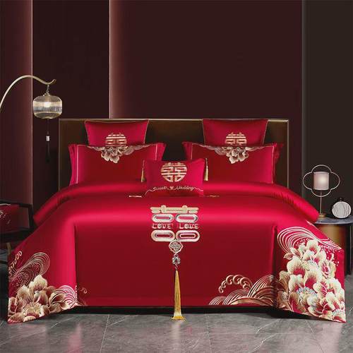 高端新婚庆刺绣长绒棉全棉被龙凤四件套床上用品结婚礼陪嫁喜庆大