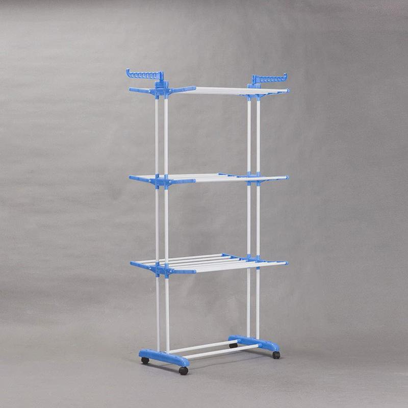 双杆阳台卧室置物架折叠晾衣架落地带轮可移动伸缩翼型三层