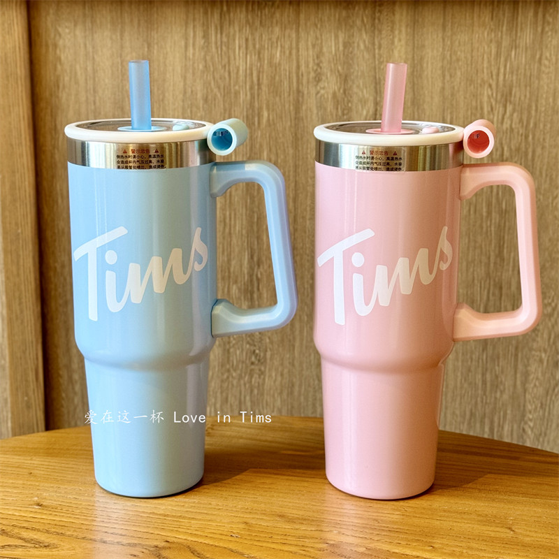 TIMS杯子高颜值小清新冰霸杯大容量吸管杯桌面把手巨无霸不锈钢杯