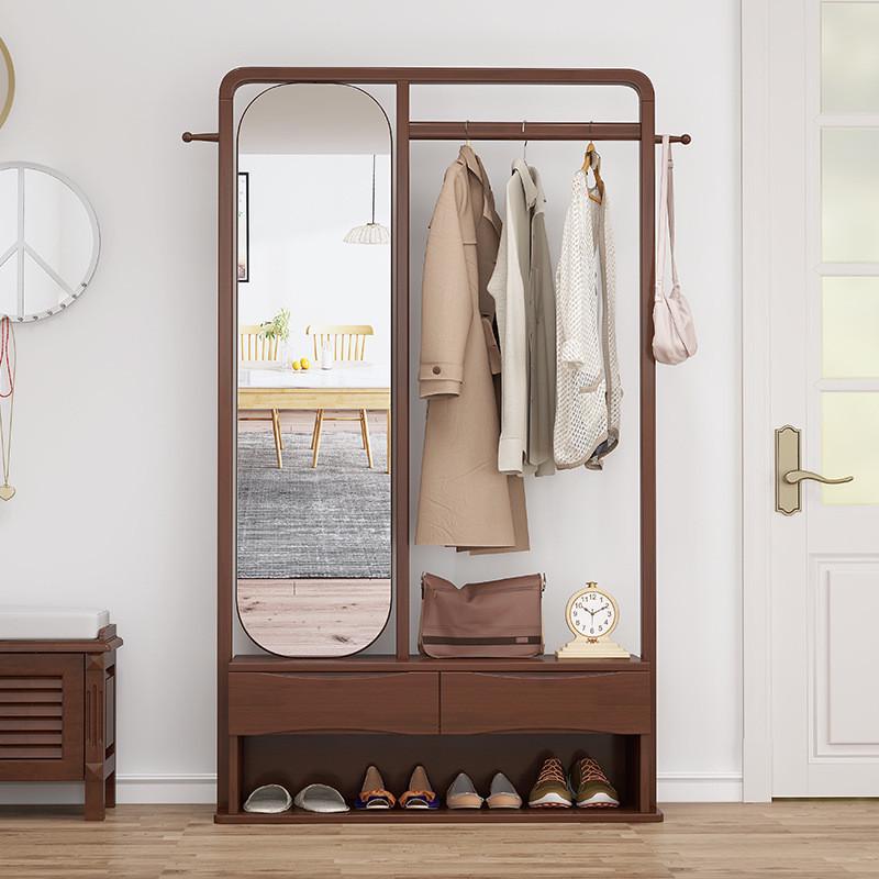 简约实木衣帽架落地卧室换鞋凳挂衣架一体穿衣镜全身镜落地家用