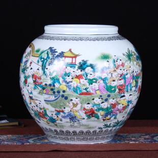景德镇客厅粉彩百子图福筒大罐中式古典陶瓷花瓶家居装饰摆件
