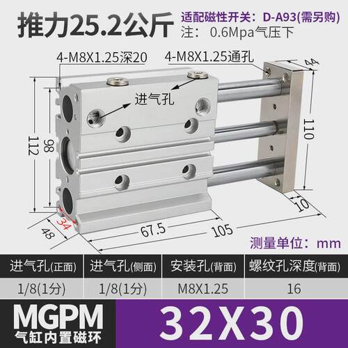 气动薄型带导杆三轴三杆mgpm气缸12/16/20/25/32/40-30-50-75-100