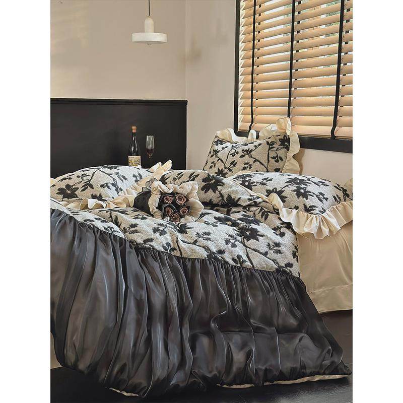热销复古风全棉纯棉水墨晕染提花四件套法式黑色欧根纱被套床上用