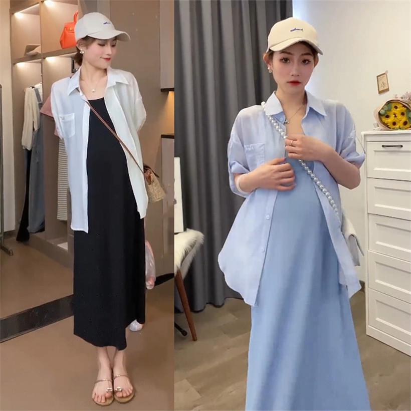 孕妇夏季两件套长袖衬衫中长款裙2023新款套装休闲百搭女