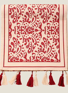 t9j5红色结婚桌旗茶几茶席婚礼长条桌布婚庆新中式轻奢床尾巾流苏