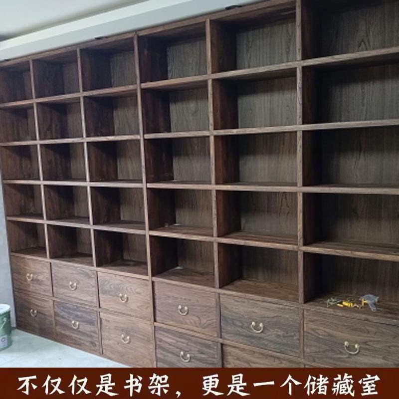 老榆木书架实木落地置物架客厅整面墙格子架收纳书柜满墙隔断架子