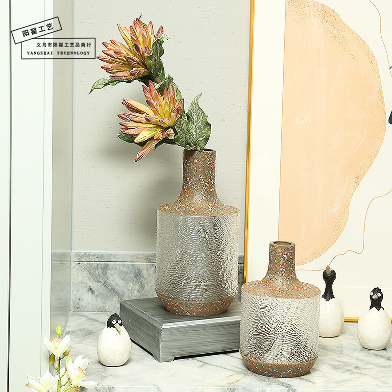 欧式直筒桌面摆件复古风大理石玻璃器皿客厅水培大小号花瓶现货