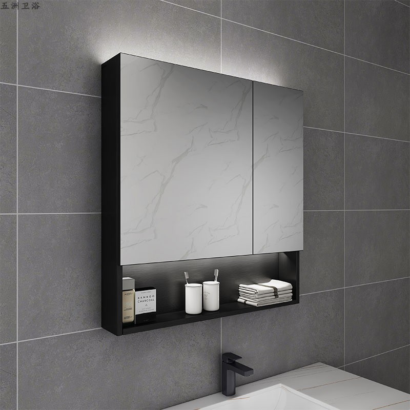 6b76黑色不锈钢浴室镜柜壁挂带灯镜子洗手间挂墙式带置物架单独柜