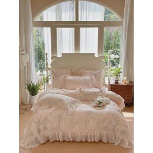 80支兰精天丝四件套高档法式刺绣浪漫少女粉色蓝白床上用品夏凉感