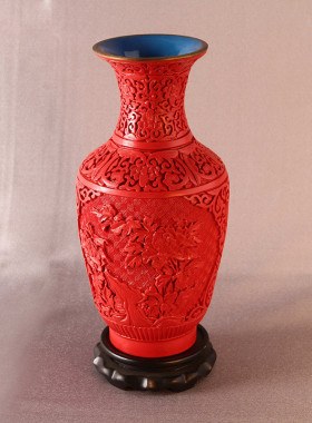 热销扬州漆器雕漆花桶子花瓶牡丹摆件机器中式摆件