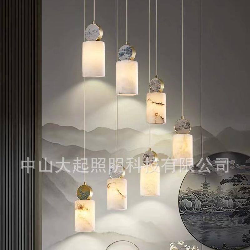 云石床头灯新中式全铜雕刻山水画装饰小吊灯餐厅楼梯主卧客房吊灯