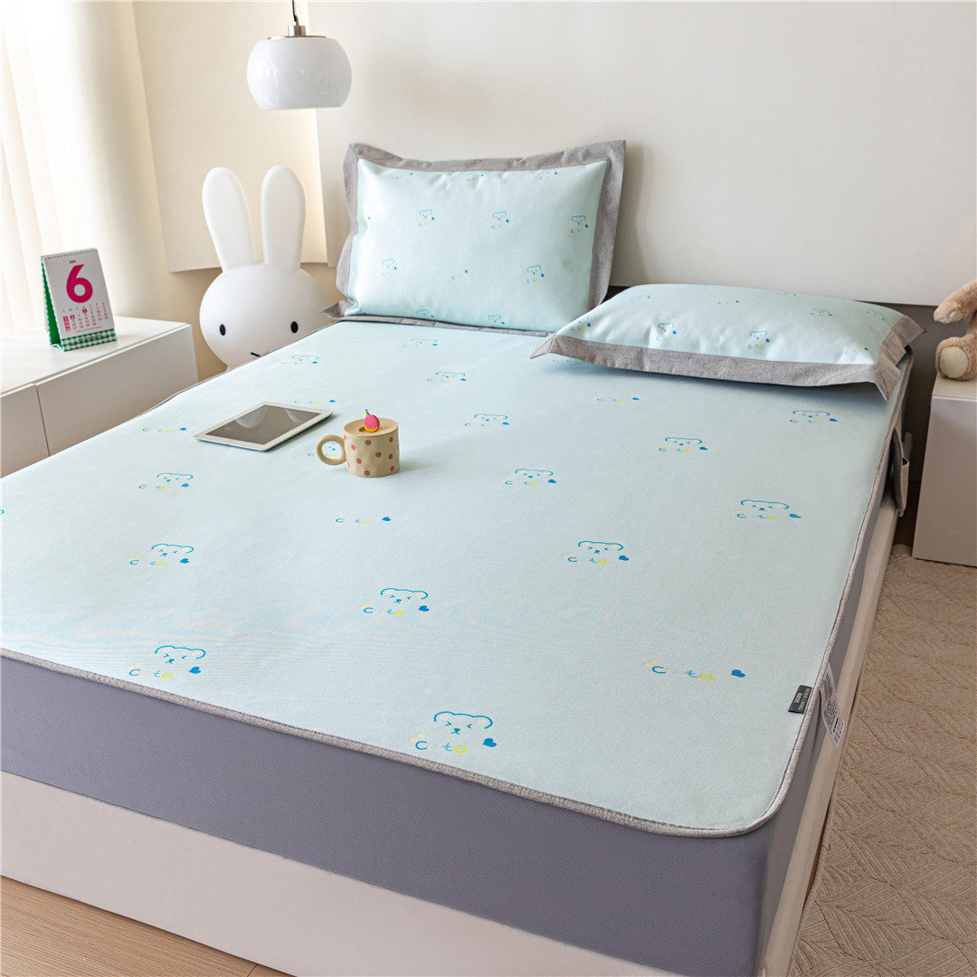 夏季用卡通冰丝软席三件套可折叠洗机可空调席床笠式平席式席子