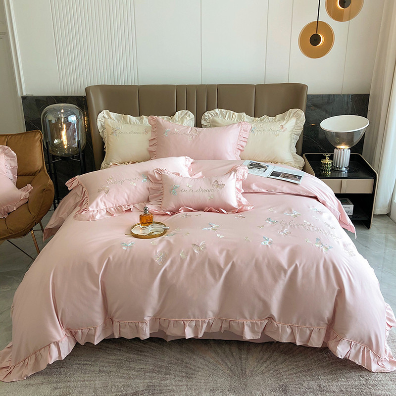 56pc简约100s高支长绒棉被套蝴蝶四件套少女心床单1.8m床上用