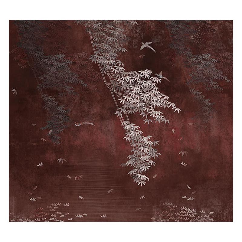 新中式手绘花鸟红色枫叶壁画客厅电视背景墙壁纸卧室沙发无缝壁布