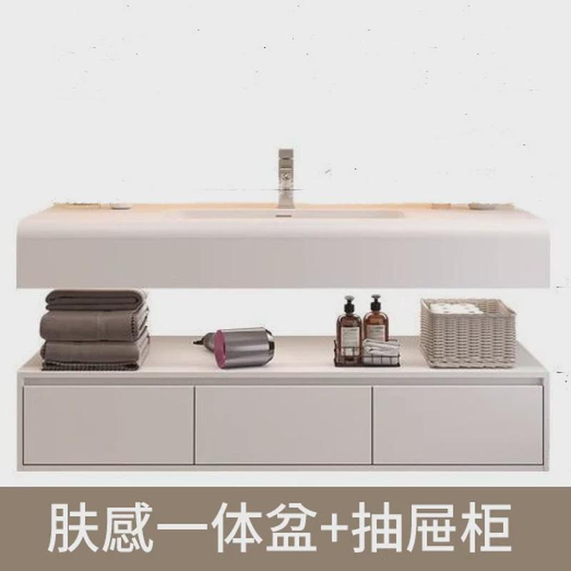 网红圆弧肤感一体盆奶油风绮美石洗漱台酒店浴室柜组合无缝双层