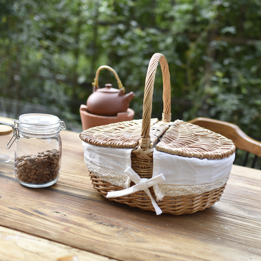 春游户外野餐篮柳编草编藤编带盖手提篮子大号购物采摘收纳篮