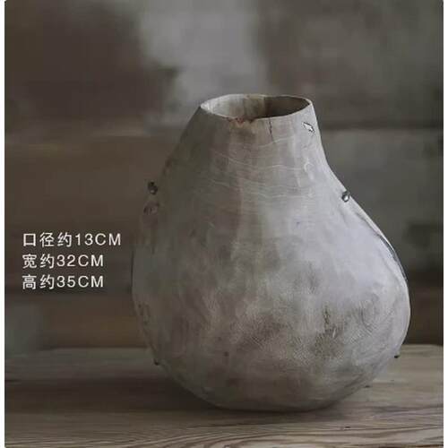 侘寂风老木圆底大花瓶手工制作复古做旧民宿客厅落地摆件实木花器