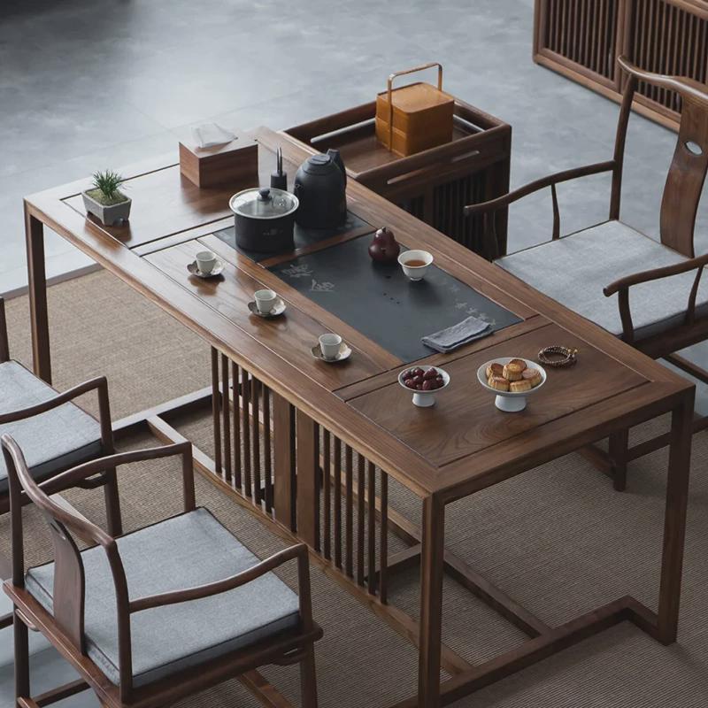 新中式茶桌椅组合禅意北美黑胡桃木喝茶桌泡茶桌实木家用功夫茶台