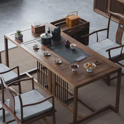 新中式茶桌椅组合禅意北美黑胡桃木喝茶桌泡茶桌实木家用功夫茶台