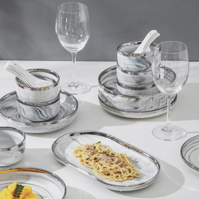 北欧轻奢网红ins风高级感大理石纹碗碟陶瓷餐具家用碗盘套装礼品