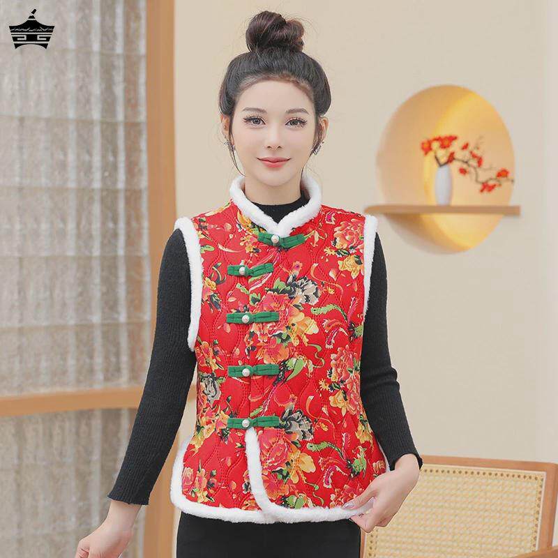 东北大花马甲中国风花棉袄盘扣民族风女装加绒加厚唐装过年坎肩冬