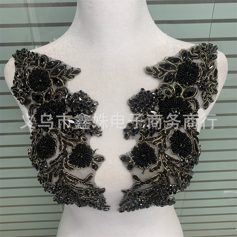 1对重工钉珠订贴花花朵奢华珠绣对花领口胸花diy配饰钻服装花边