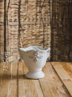 法式经典柱盆花器花盆陶瓷花瓶釉下彩装饰摆件复古白瓷