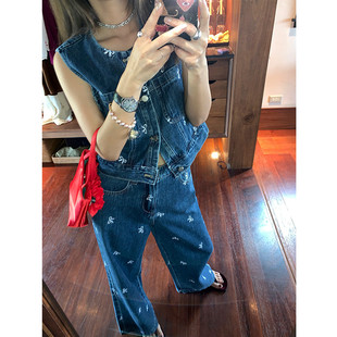 落落狷介 早秋套装2024牛仔套装裤刺绣两件套牛仔马甲+阔腿裤