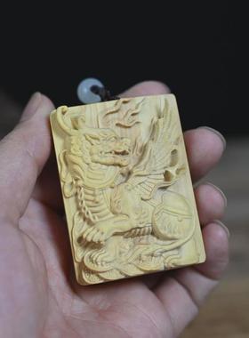 小叶黄杨木如虎添翼木牌吊坠男款霸气生肖虎木雕方牌汽车挂饰