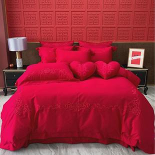 纯色刺绣红色四件套结婚床上用品物六件套备婚好长绒棉1.8米2米床