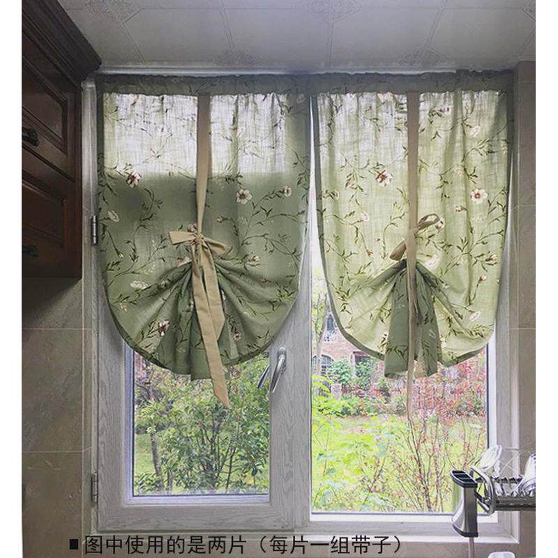 美式乡村地中海复古绿底枝蔓提拉帘半帘窗帘