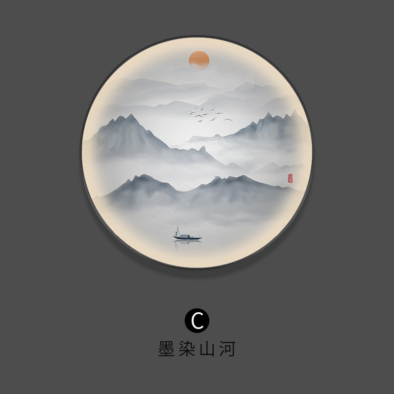 圆形中式玄关灯带画led发光挂画风景酒店软装入户茶室书房山水画