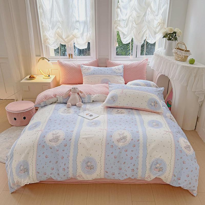 秋冬新款全棉学生宿舍床上三件套绒四件套正反两用单被套卡通豆豆