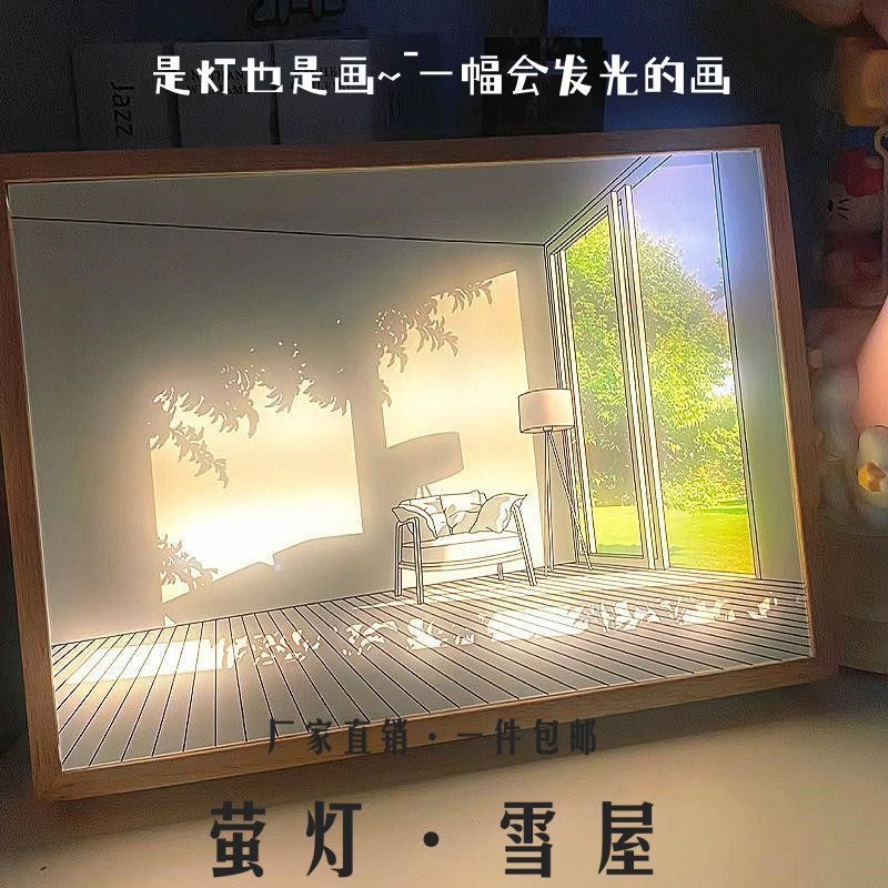 网红ins灯光画三色变光室内装饰挂画会发光的素描画小夜灯USB插口图片