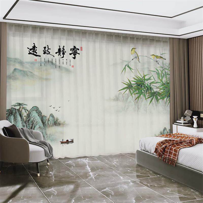 新中式窗帘遮光2024新款中国风景古典山水墨画客厅透光不透人纱帘
