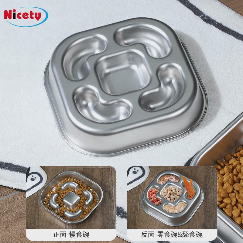 狗碗304不锈钢慢饮水碗防打翻方形狗盆大型犬狗食具食用品宠物碗