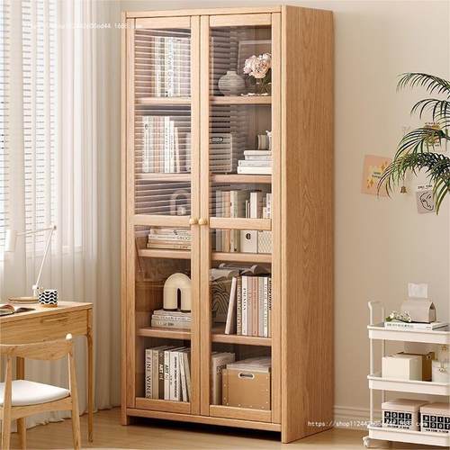 防尘实木书柜带门家用客厅书架落地置物架展示柜儿童储物收纳柜子