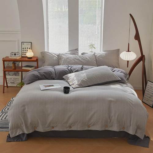 日式轻奢风纽扣款条纹水洗棉四件套裸睡简约民宿被套床单床上用品