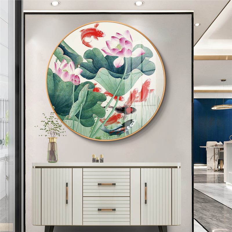 餐厅九鱼图客厅年年有余玄关装饰画新中式荷花过道挂画圆形墙壁画图片