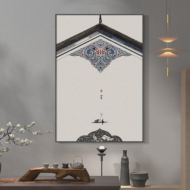新中式玄关装饰画中国风挂画背景墙客厅沙发现代简约红色建筑壁画图片