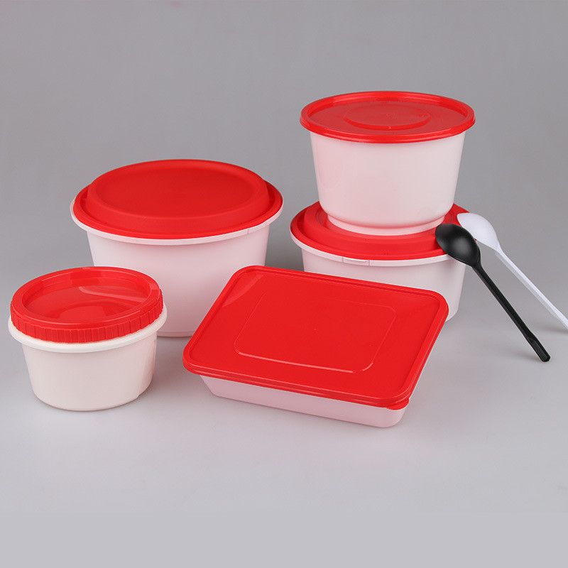 热销一次性白底红盖快餐盒单方形塑料格加厚餐饮碗圆形汤粉面打包