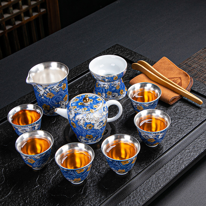海浪珐琅彩景德镇鎏银青花瓷高档陶瓷功夫茶具套装整套茶杯茶壶