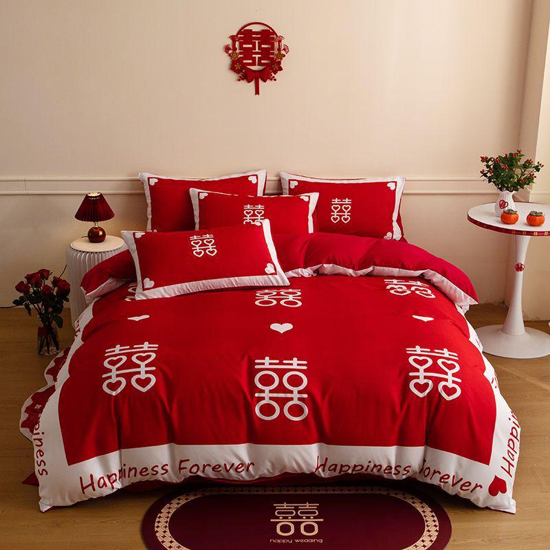笠婚庆四件套大红全棉印花简约小红花被套床单新婚房陪嫁床上用品