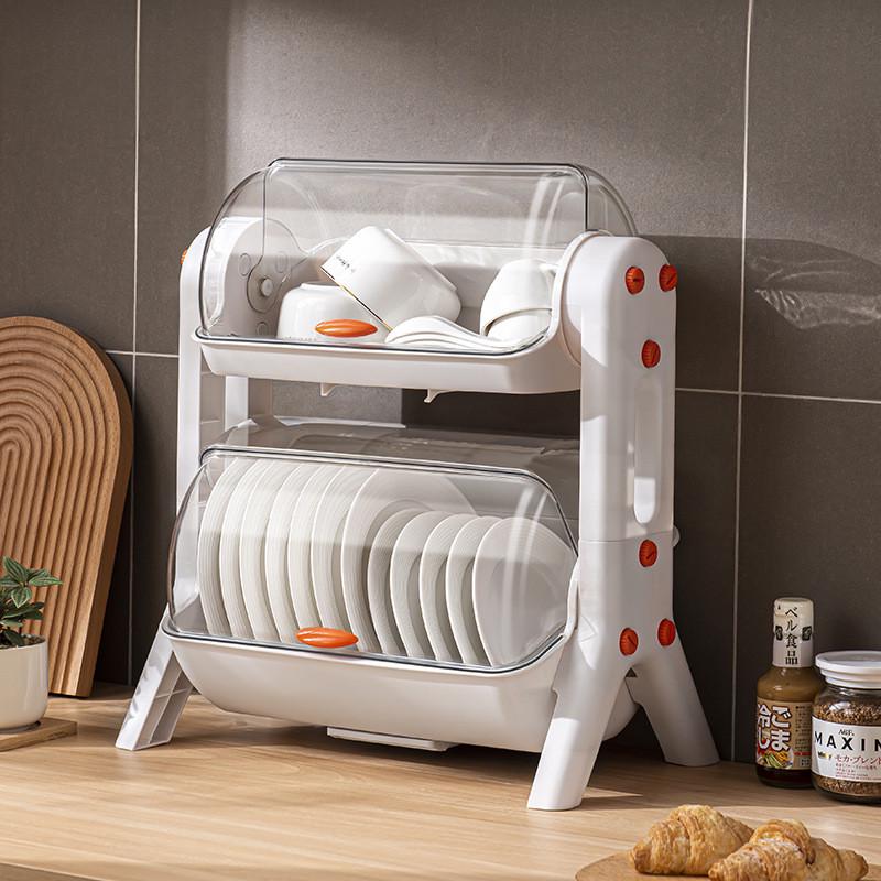 厨房置物碗架台沥水双层收纳架碗碟置加厚透明带盖碗筷储物架