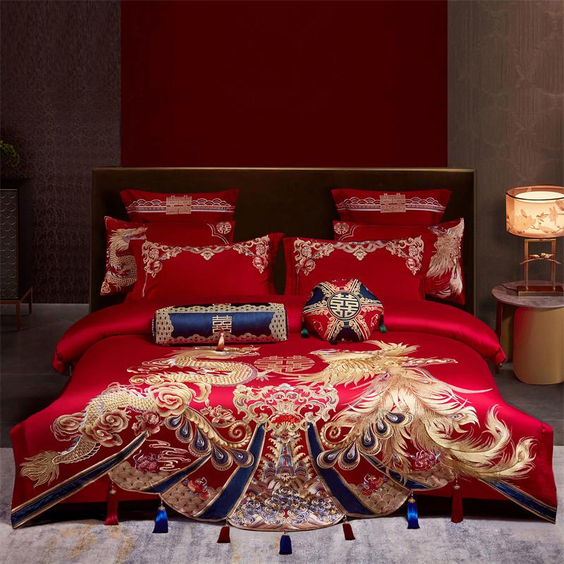 新款160支长绒棉提花刺绣婚庆四件套件套红床品六件套十结婚陪嫁
