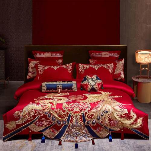 新款160支长绒棉提花件套婚庆四件套结婚陪嫁红床品六件套十刺绣